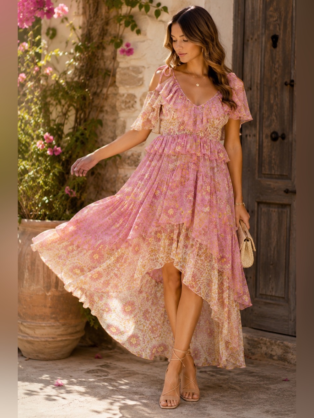 MISA Los Angeles Flora Liv Dress XL Pink Floral High Low Ruffle Boho Midi Dress